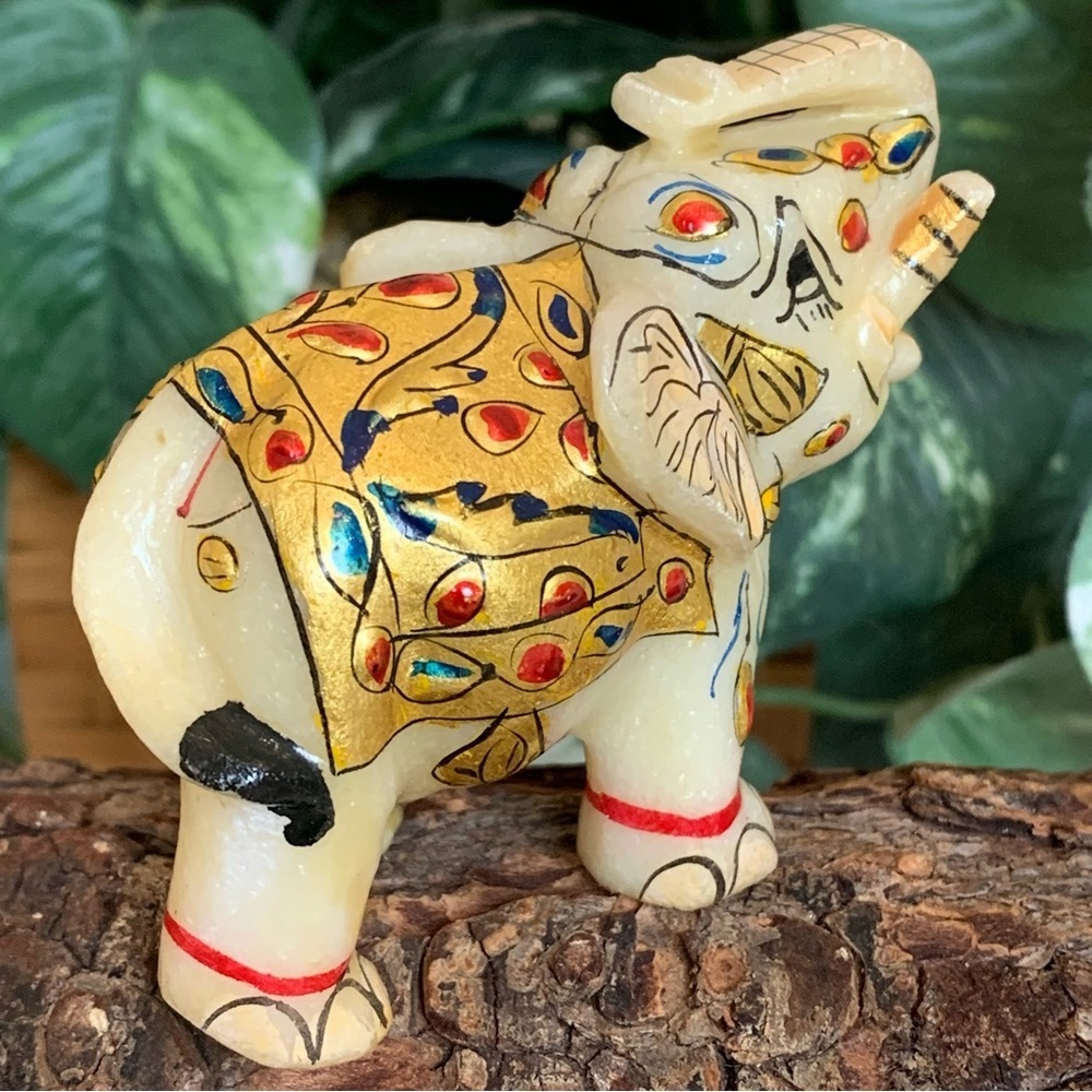 Marble Elephant Statue Trunk Up Hand Painted Indian Art home Decor Sculpture 3" - Picture 8 of 14